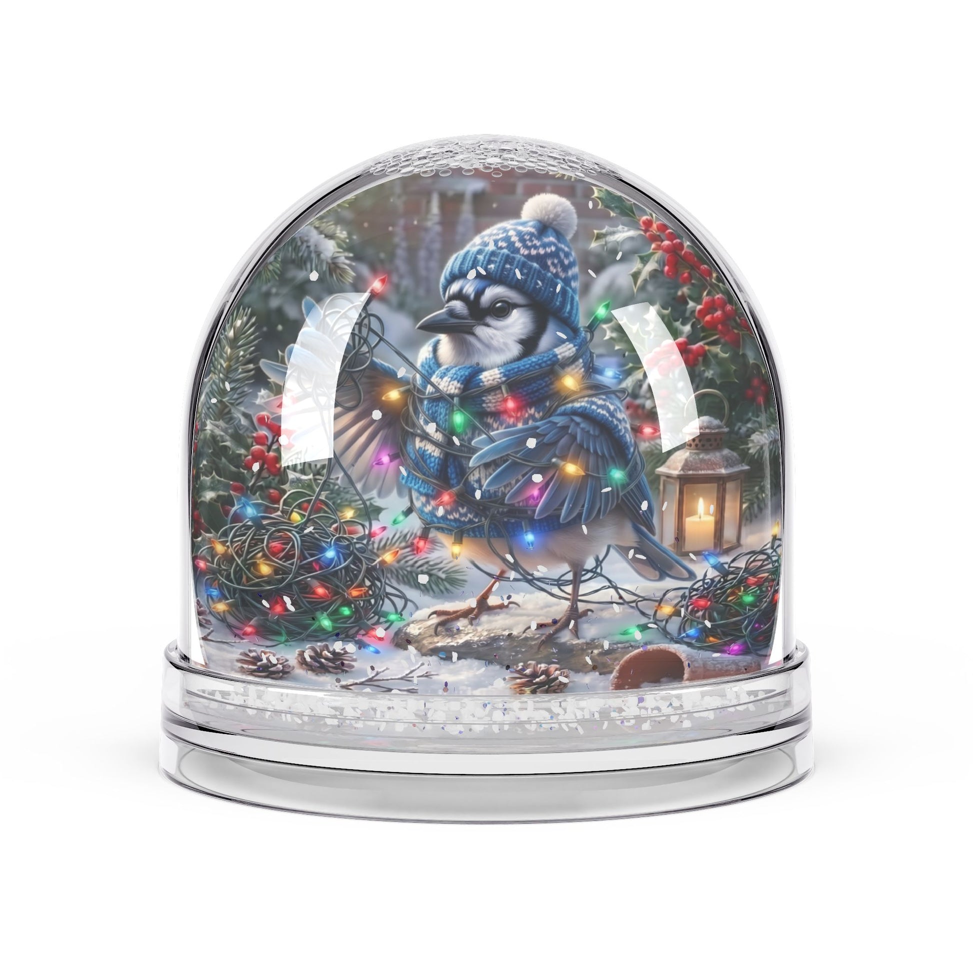 A clear glass snow globe with a silver-toned base, featuring a painted blue jay wearing a blue knit hat and scarf, surrounded by Christmas lights, pine branches, snow, and a lantern inside.