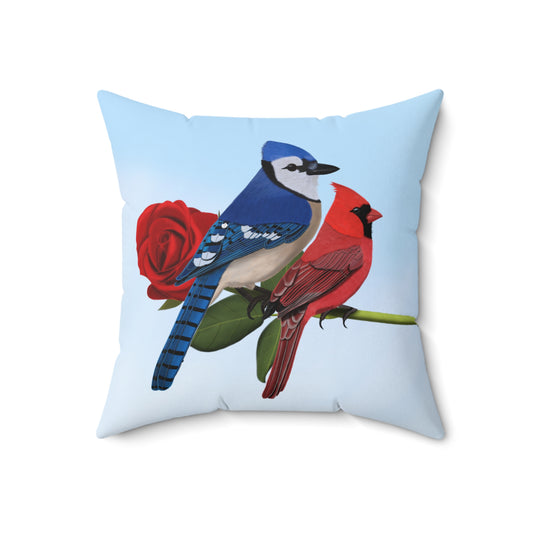 Blue Jay and Cardinal on a Rose Valentine's Day Bird Throw Pillow 18"x18"