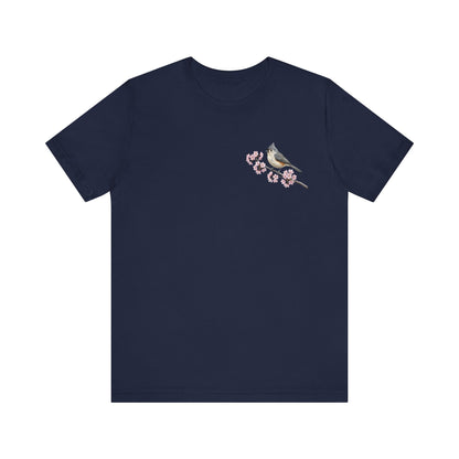 Tufted Titmouse Cherry Blossom T-Shirt | Floral Spring Tee for Bird Lovers