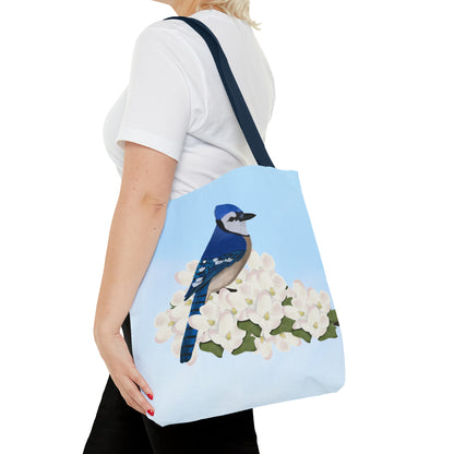 Blue Jay in Spring Blossoms Bird Tote Bag 16"x16"