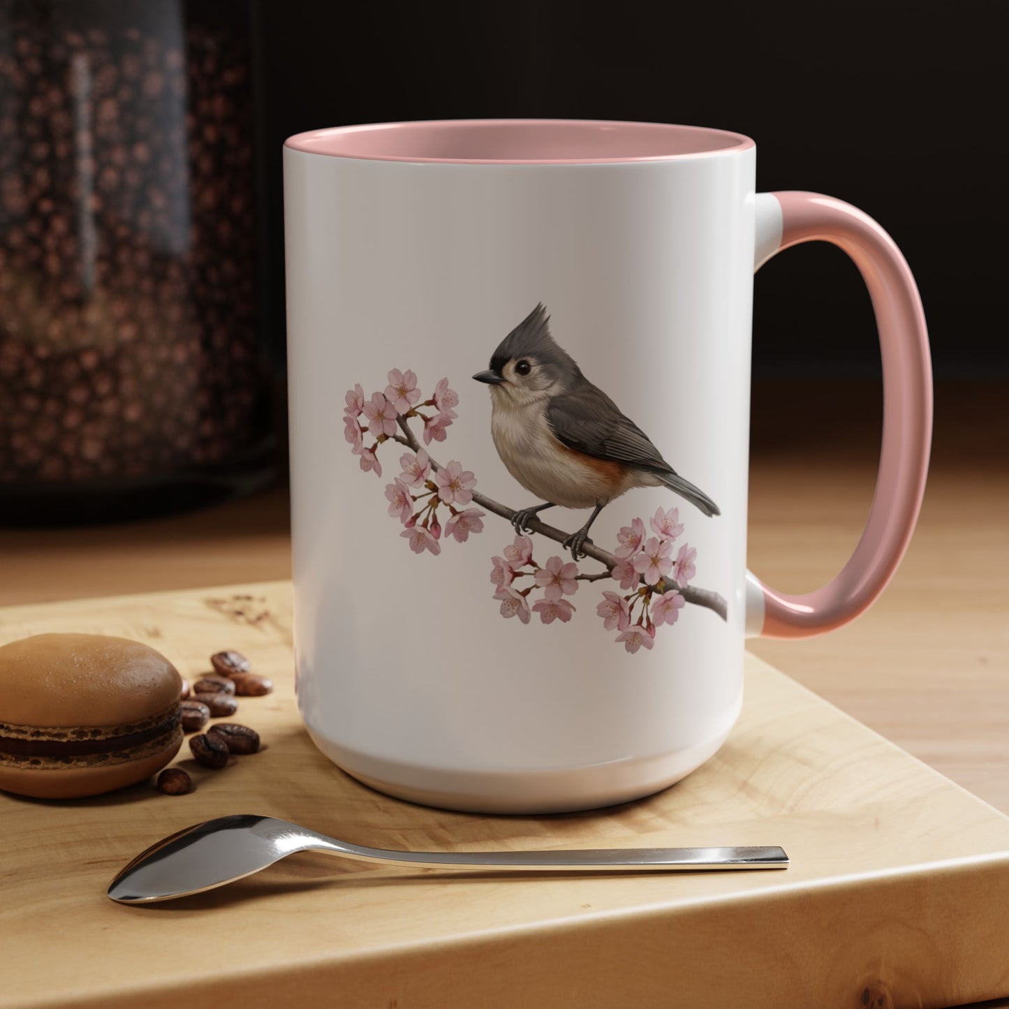 Tufted Titmouse Cherry Blossom Mug | Pink Ceramic Coffee Cup for Bird Lovers
