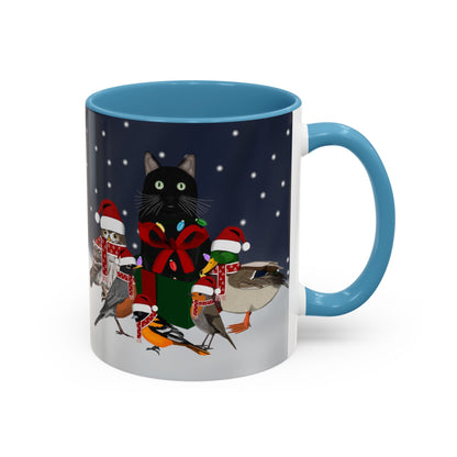 Robin Oriole Mallard Owl and Cat with Christmas Hat and Scarf Snow Bird Coffee Mug