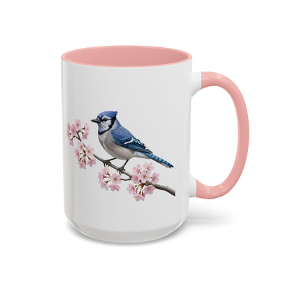 Blue Jay Cherry Blossom Mug | Pink Ceramic Coffee Cup for Bird Lovers