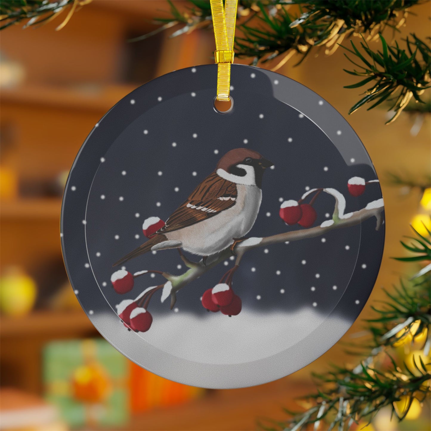 Tree Sparrow on a Winter Branch Christmas Bird Glass Ornament