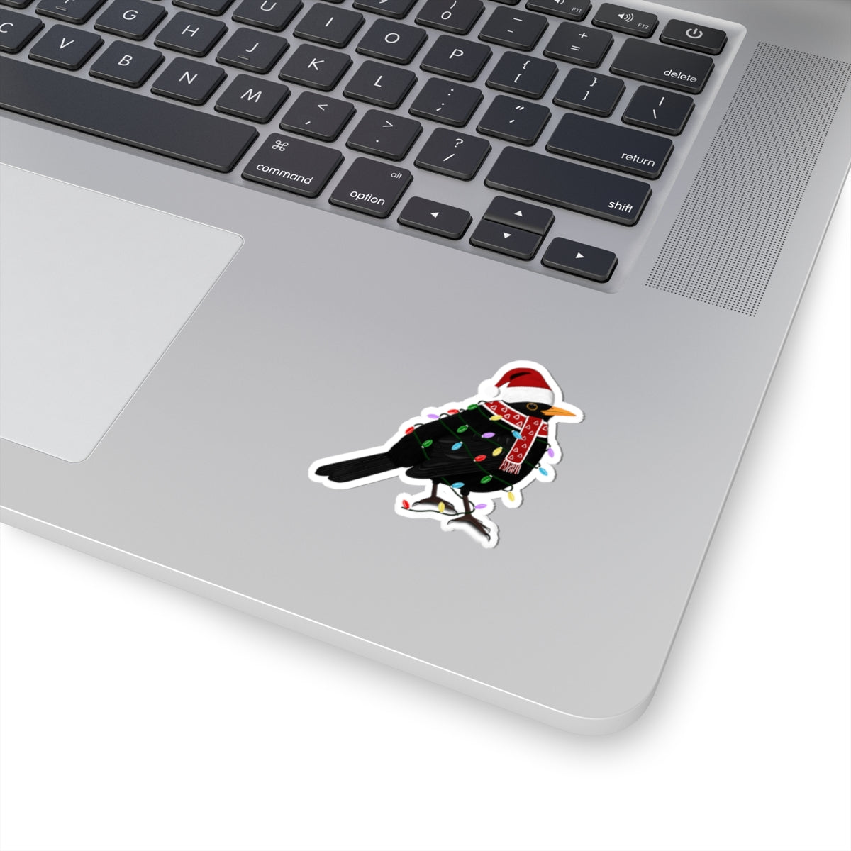 Blackbird with Fairy Lights Santa Claus Hat and Scarf Christmas Bird Sticker