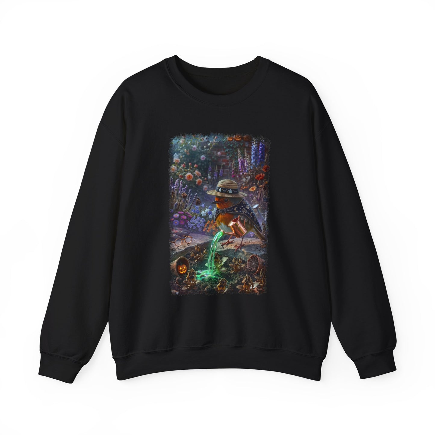 A black crewneck sweatshirt featuring a large, colorful graphic print on the front. The graphic depicts a spooky, whimsical Halloween scene with a robin bird wearing a hat and holding a glowing green wand, surrounded by pumpkins, ghosts, and a dark, magical forest background.