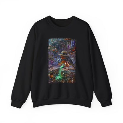 A black crewneck sweatshirt featuring a large, colorful graphic print on the front. The graphic depicts a spooky, whimsical Halloween scene with a robin bird wearing a hat and holding a glowing green wand, surrounded by pumpkins, ghosts, and a dark, magical forest background.