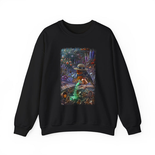 A black crewneck sweatshirt featuring a large, colorful graphic print on the front. The graphic depicts a spooky, whimsical Halloween scene with a robin bird wearing a hat and holding a glowing green wand, surrounded by pumpkins, ghosts, and a dark, magical forest background.