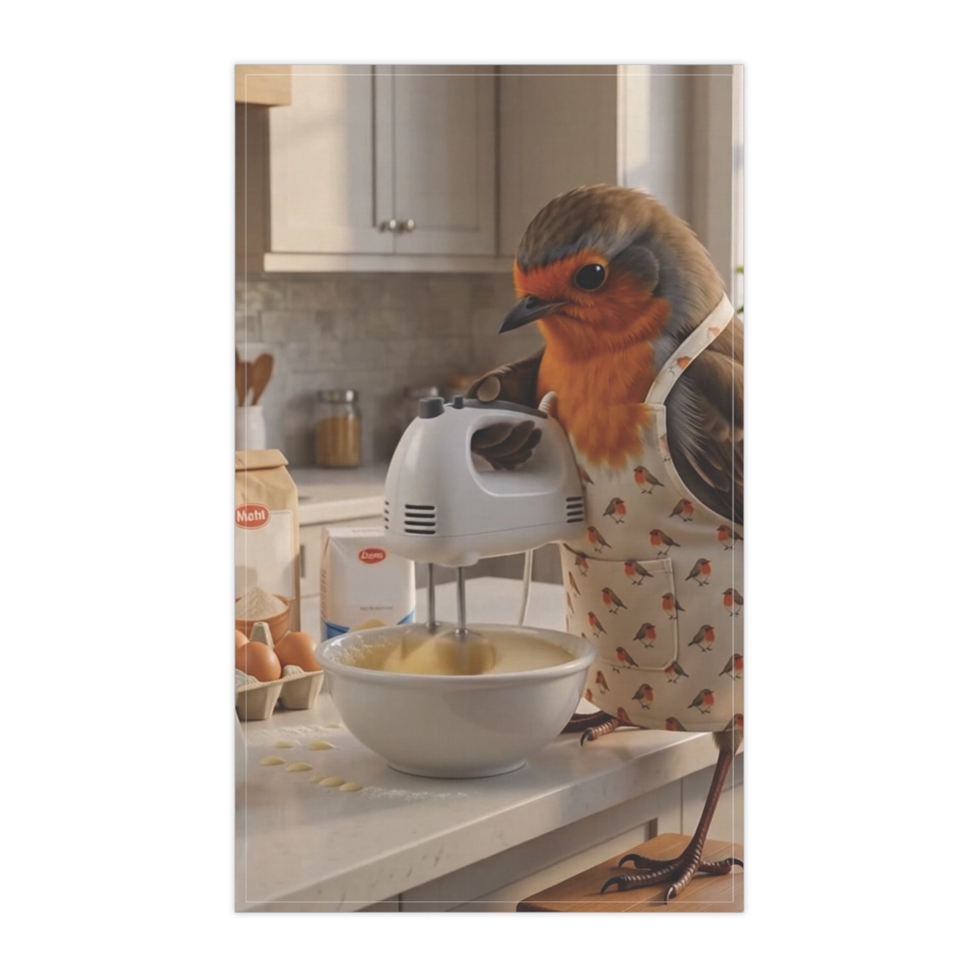 A cotton tea towel featuring a robin bird wearing an apron and using a hand mixer in a kitchen, with a bowl of batter on the counter.