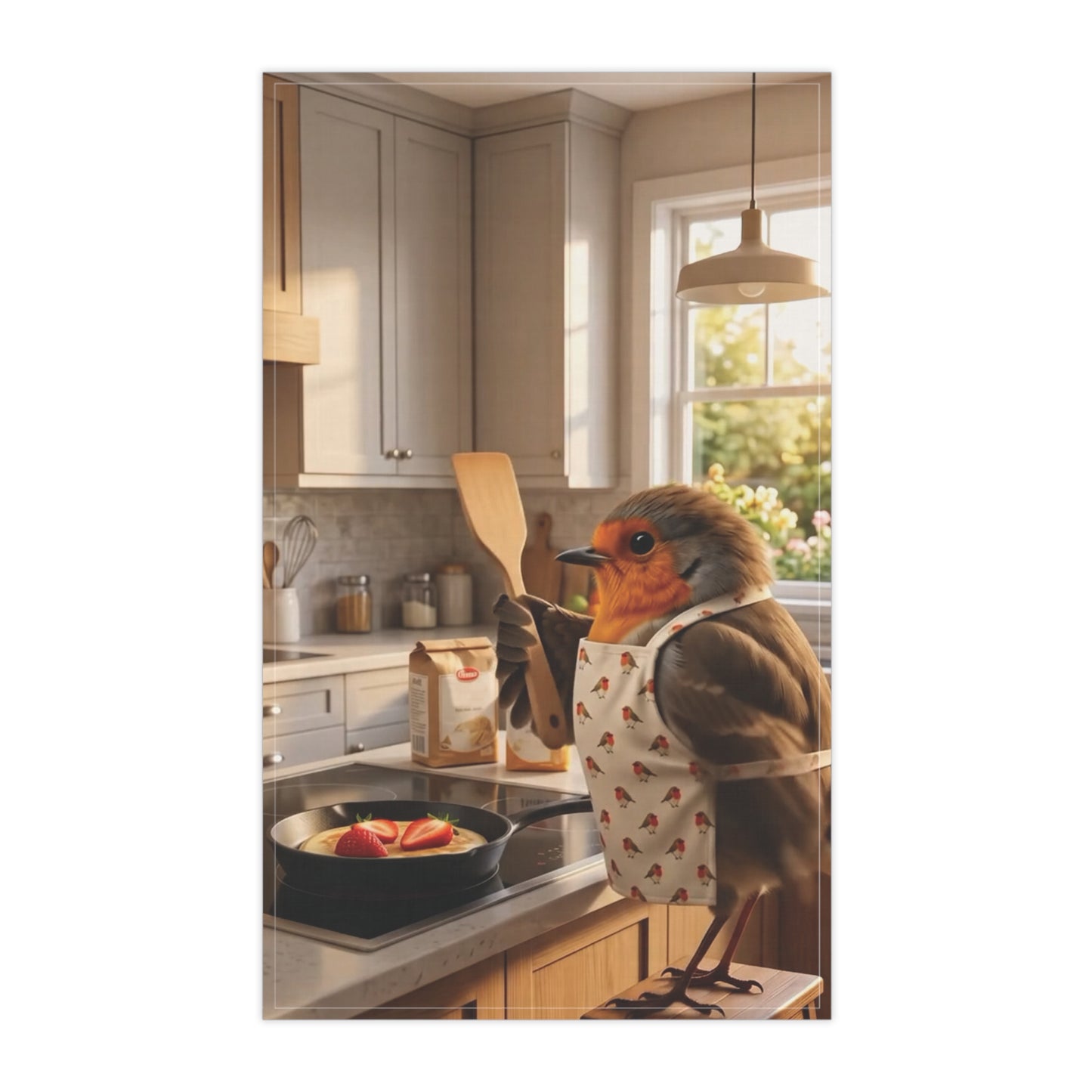A cotton kitchen towel depicting a robin bird wearing a small apron and holding a wooden spoon in a warm, modern kitchen. The print is centered on a white background.