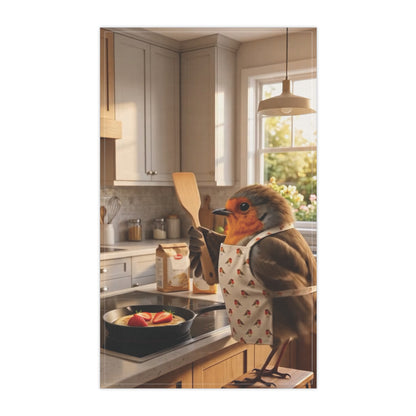 A cotton kitchen towel depicting a robin bird wearing a small apron and holding a wooden spoon in a warm, modern kitchen. The print is centered on a white background.