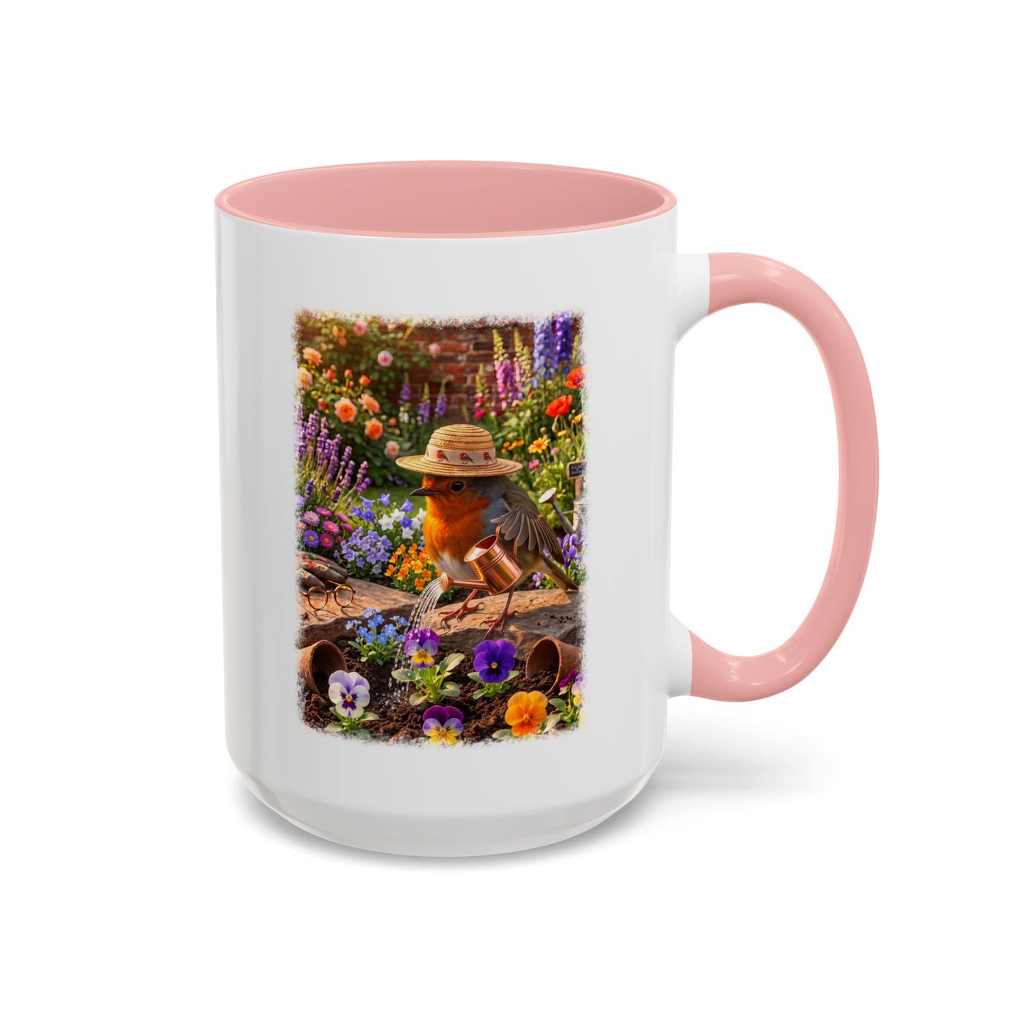 A white ceramic mug with a pink interior and handle, featuring a colorful printed graphic of a robin bird in a garden hat surrounded by flowers.