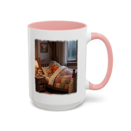 A white ceramic mug with a pink interior and handle, featuring a printed illustration of a robin bird and a teddy bear cozy bedroom scene on the front.