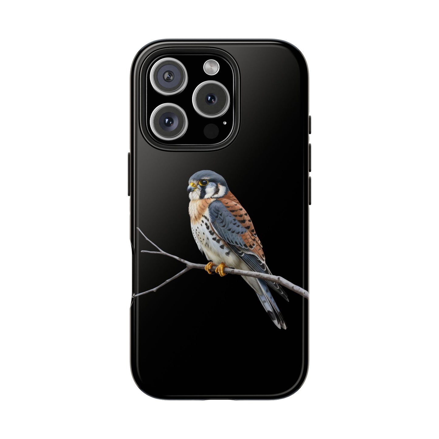 Phone case with an american kestrel bird design on a black background