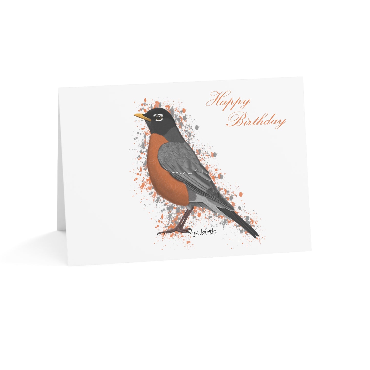 Greeting card with a robin illustration and 'Happy Birthday' text on a white background