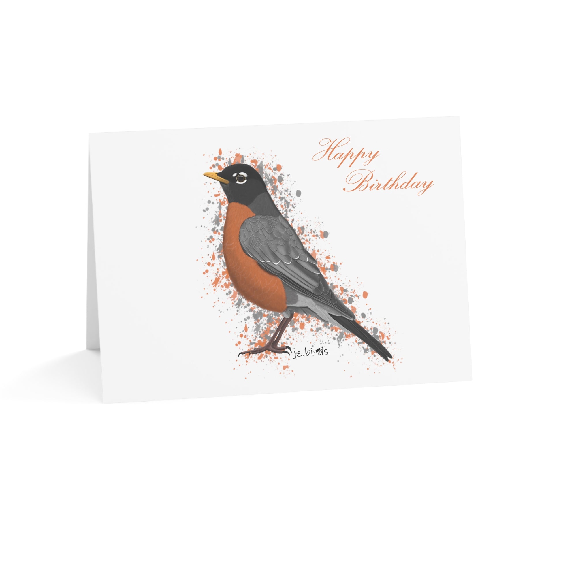 Greeting card with a robin illustration and 'Happy Birthday' text on a white background