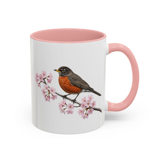 American Robin Cherry Blossom Mug | Pink Ceramic Coffee Cup for Bird Lovers