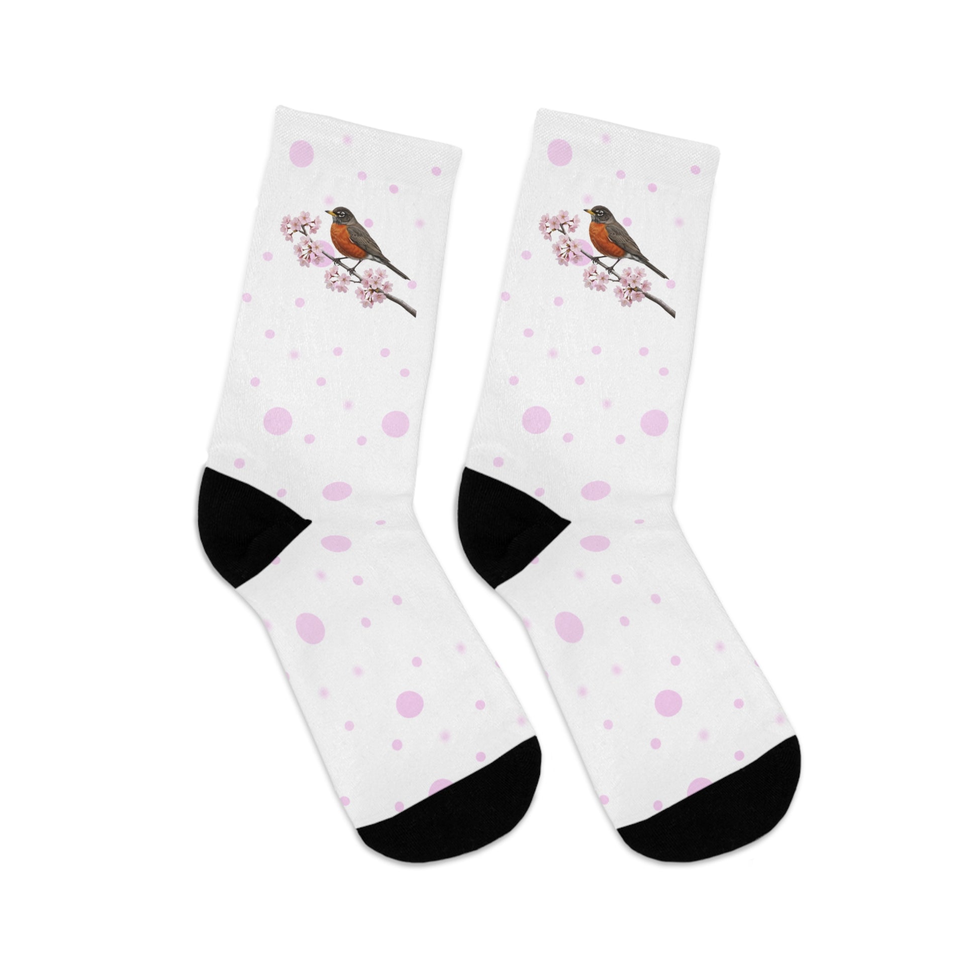 American Robin Cherry Blossom Socks White | Floral Birdwatching Gift
