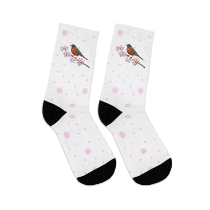 American Robin Cherry Blossom Socks White | Floral Birdwatching Gift