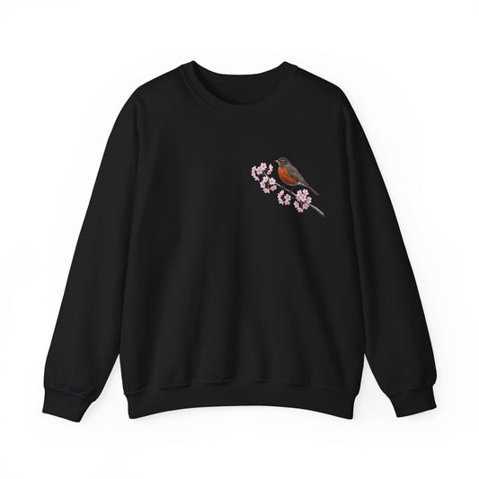 American Robin Cherry Blossom Sweatshirt | Floral Bird Crewneck | Cozy Spring Pullover