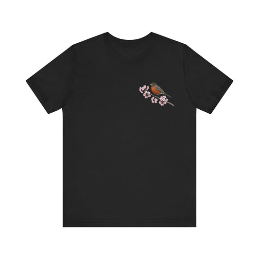 American Robin Cherry Blossom T-Shirt | Floral Spring Tee for Bird Lovers