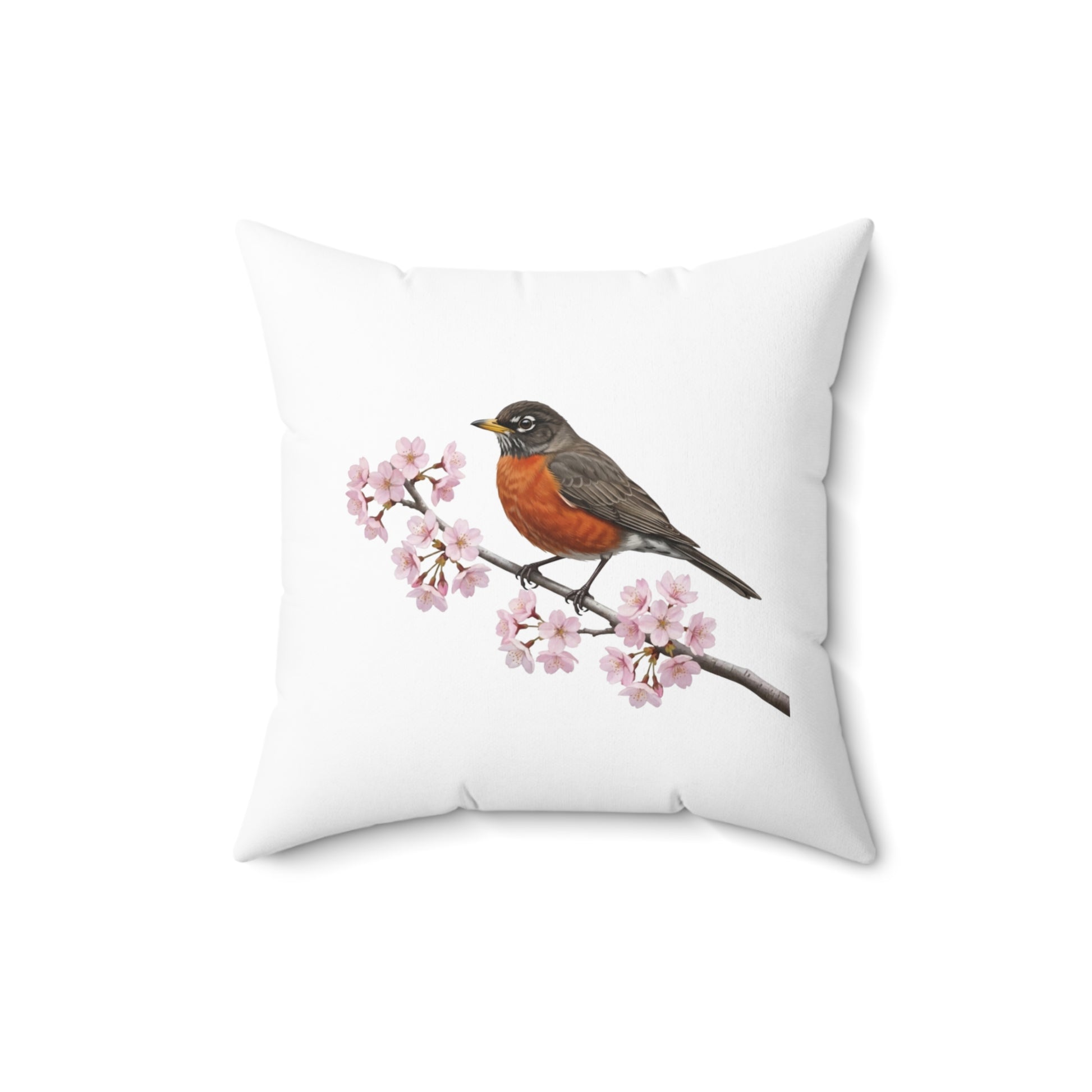 American Robin Cherry Blossom Throw Pillow | White Floral Bird Accent Cushion