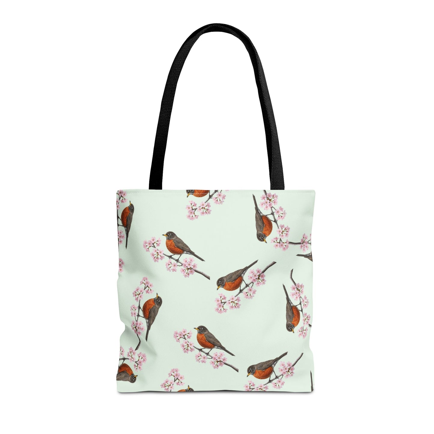 Tote bag with an american robin bird and cherry blossom pattern on a light green background