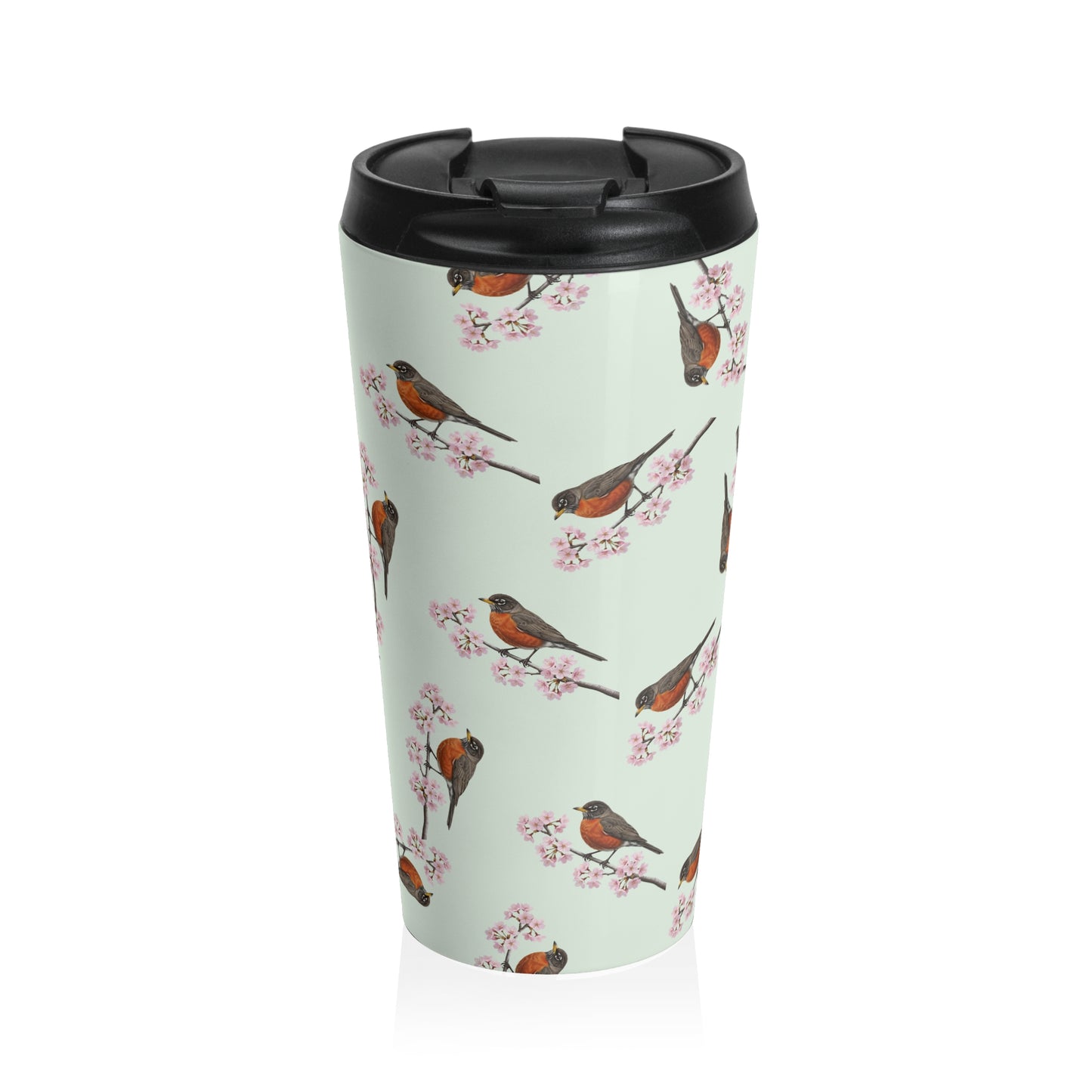 A premium 15oz stainless steel travel tumbler in sage green, featuring a seamless pattern of a American Robin and cherry blossoms, with a black spill-proof lid. High-quality birdwatching coffee mug in e-commerce.
