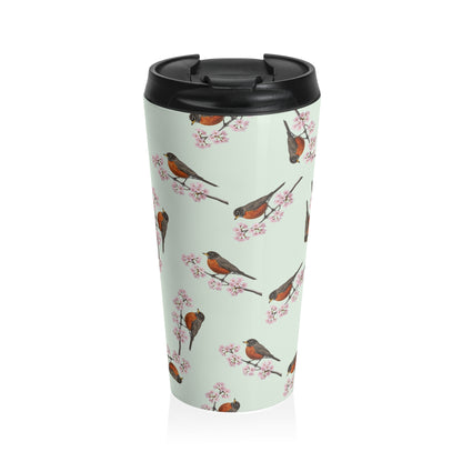 A premium 15oz stainless steel travel tumbler in sage green, featuring a seamless pattern of a American Robin and cherry blossoms, with a black spill-proof lid. High-quality birdwatching coffee mug in e-commerce.
