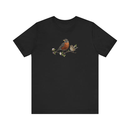 Black t-shirt with an american robin bird design on a white background