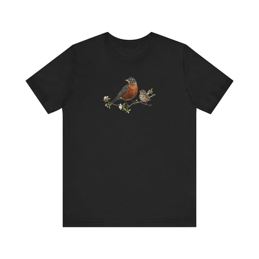Black t-shirt with an american robin bird design on a white background