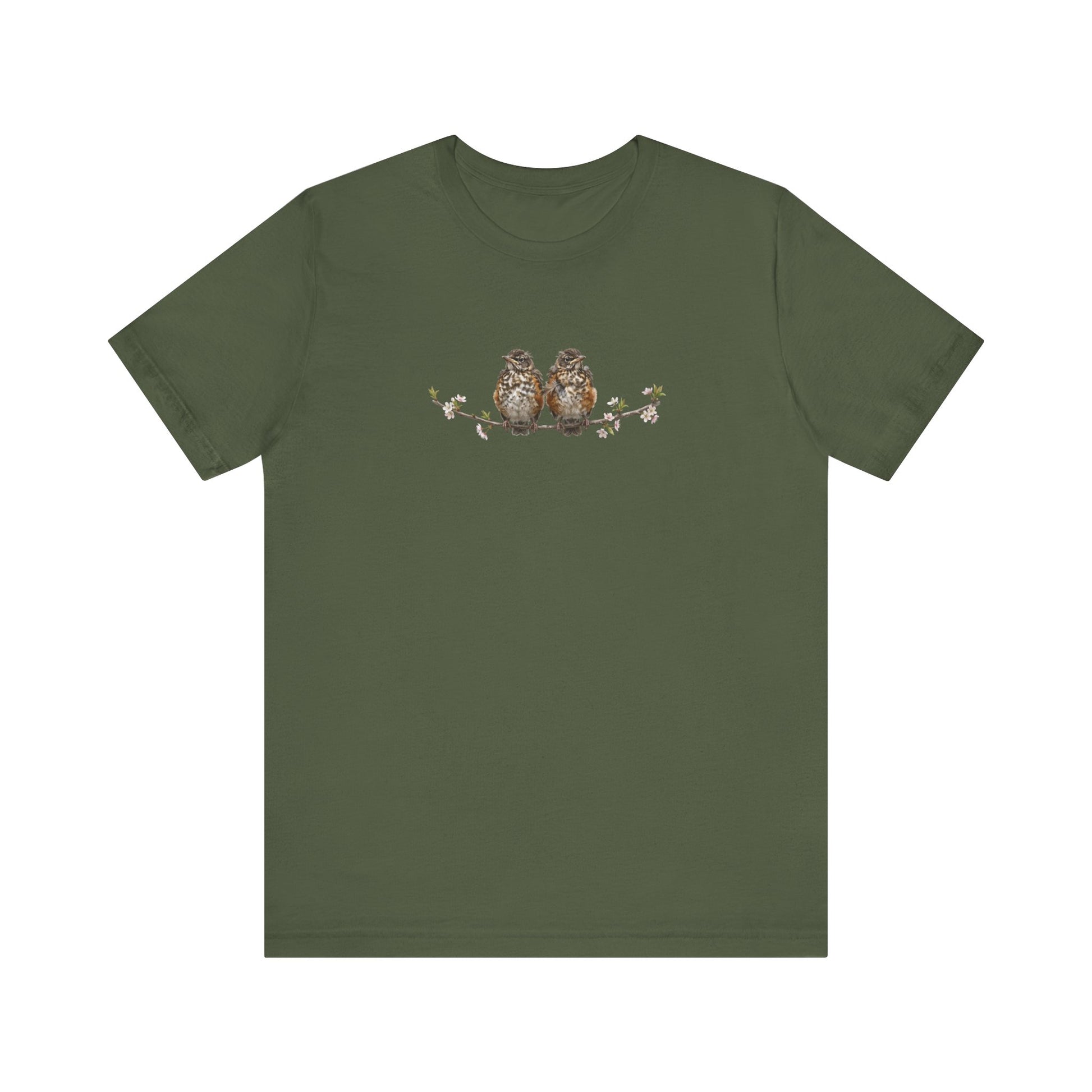 American Robin Fledgling T-Shirt | Spring Blossoms Unisex Graphic Tee for Bird Watchers