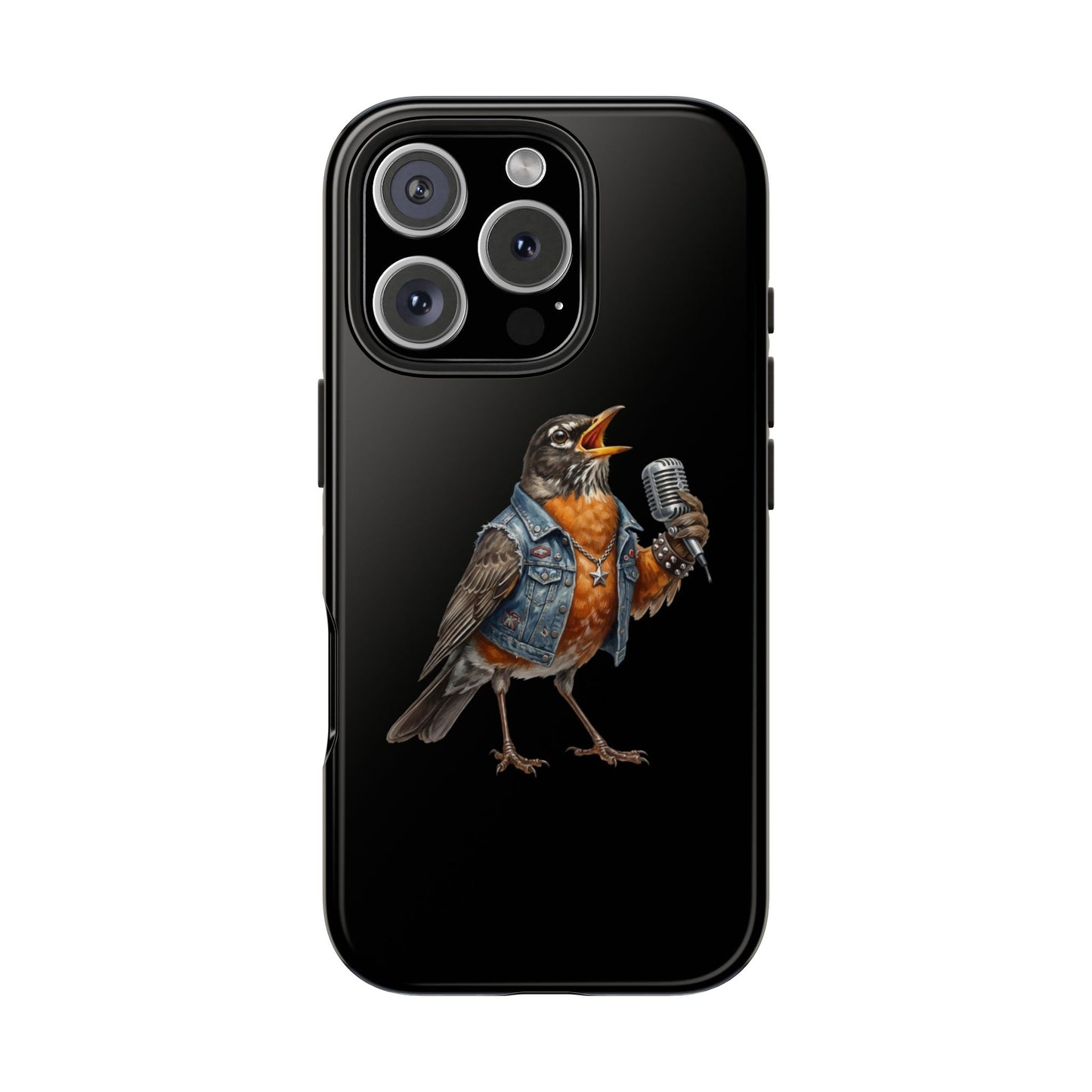 Phone case with a bird wearing a denim jacket and holding a microphone on a black background