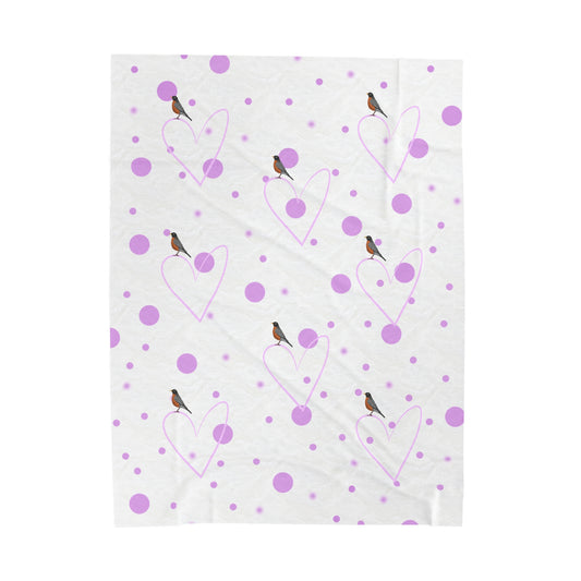 American Robin Valentine's Day Bird Velveteen Plush Blanket Pink Hearts and Dots