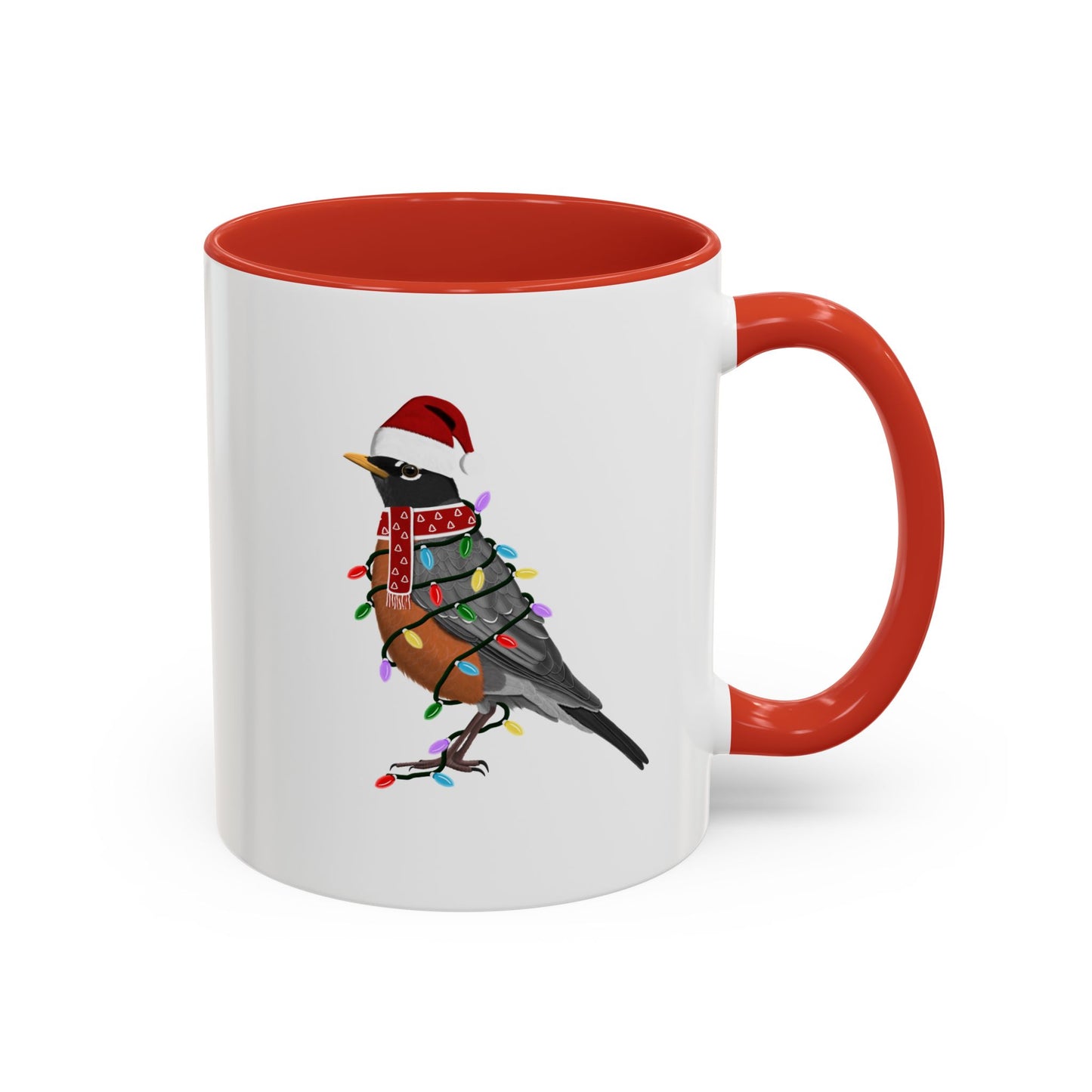 American Robin as Santa with Fairy Lights Ceramic Bird Coffee Mug – Custom Gift for Bird Watchers