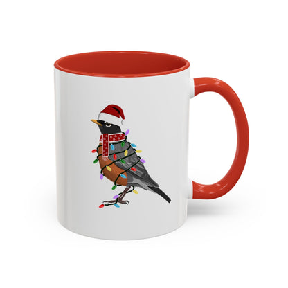 American Robin as Santa with Fairy Lights Ceramic Bird Coffee Mug – Custom Gift for Bird Watchers
