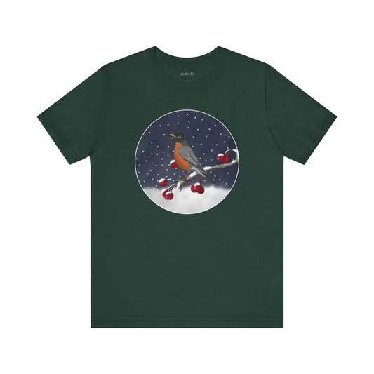 American Robin on a Winter Branch Birdwatcher Christmas Bird T-Shirt