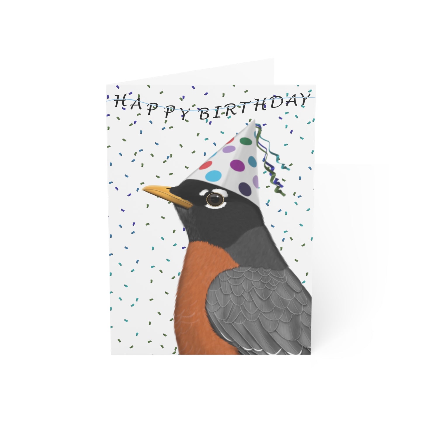 Birthday card with a robin wearing a party hat on a white background