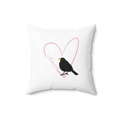 Amsel Kissen mit Rosa Herz Vogel Kissen Weiß