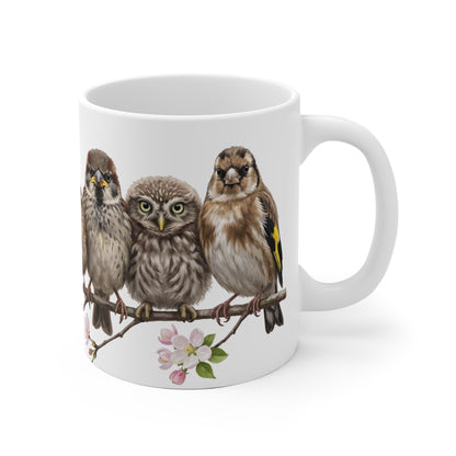 Amsel Rotkehlchen Eule Ästlinge Premium Keramiktasse Weiß | Geschenk für Vogelbeobachter