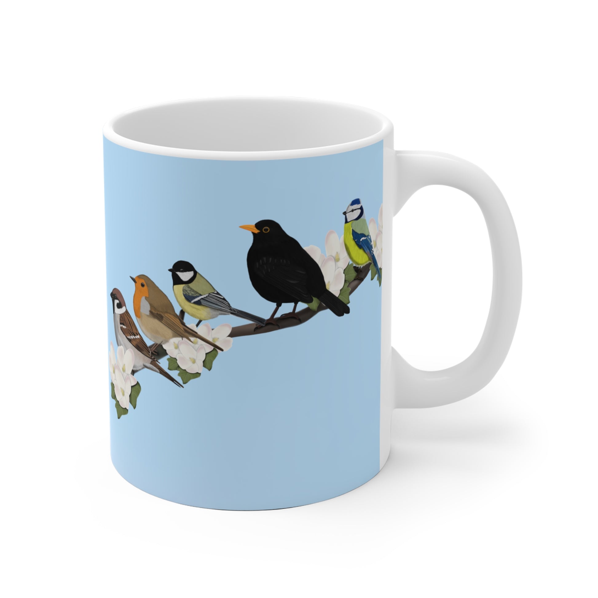 Amsel Rotkehlchen Kohlmeise auf einem Ast mit Apfelblüten im Frühling Vogel Tasse für Vogelfreunde