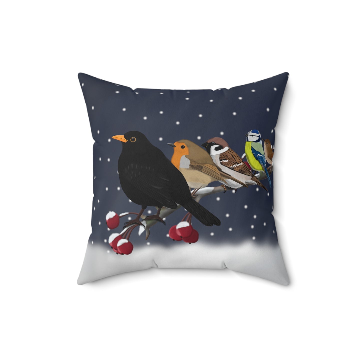 Amsel Rotkehlchen Spatz Blaumeise Zaunkönig auf einem Ast im Schnee Vogelmotiv Kissen