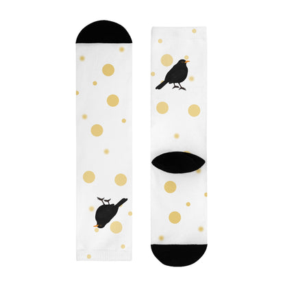 Amsel Vogel Socken mit Goldenen Punkten für Vogelfreunde & Vogelbeobachter Weiß