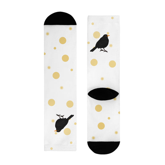 Amsel Vogel Socken mit Goldenen Punkten für Vogelfreunde & Vogelbeobachter Weiß