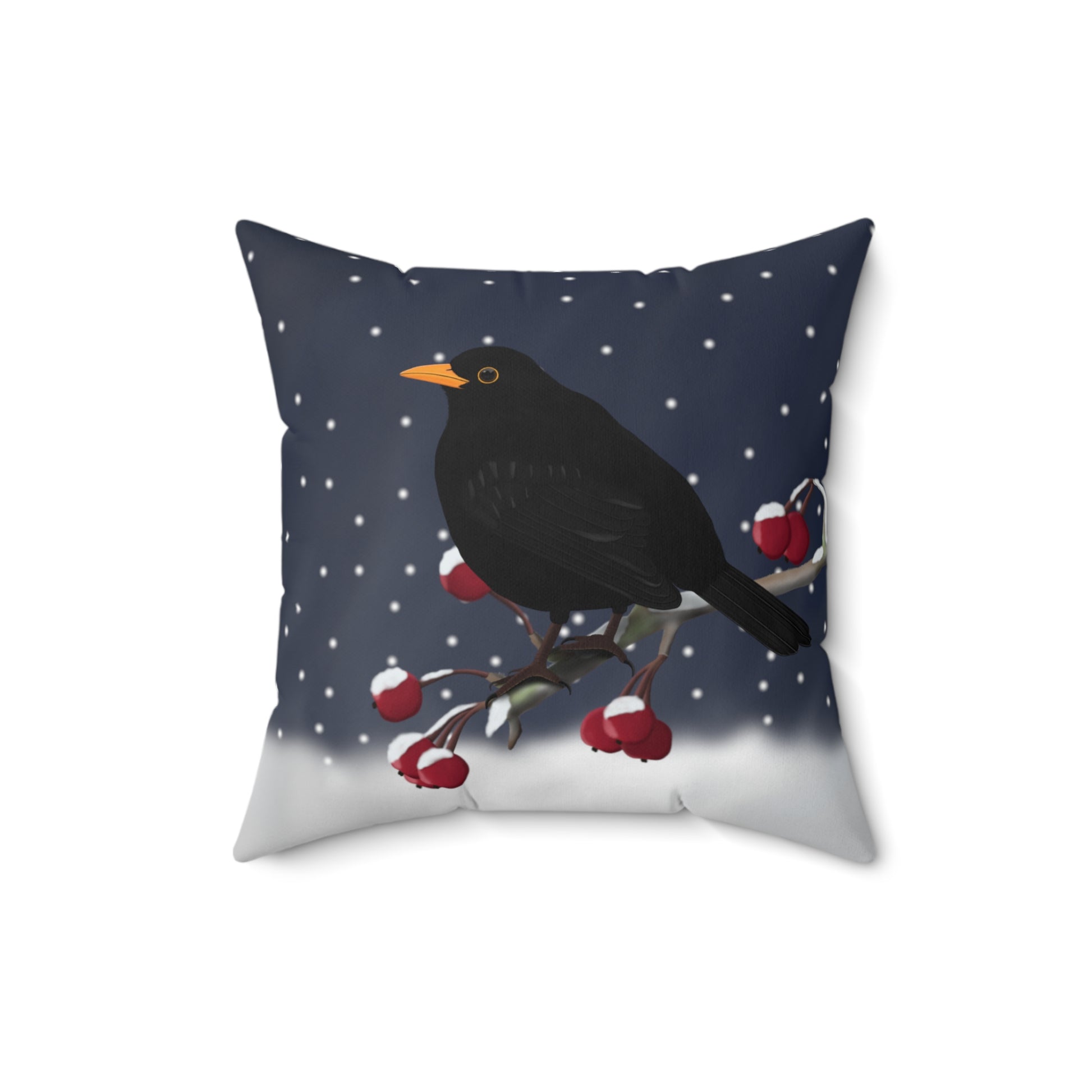 Amsel auf einem Ast im Schnee Vogelmotiv Kissen