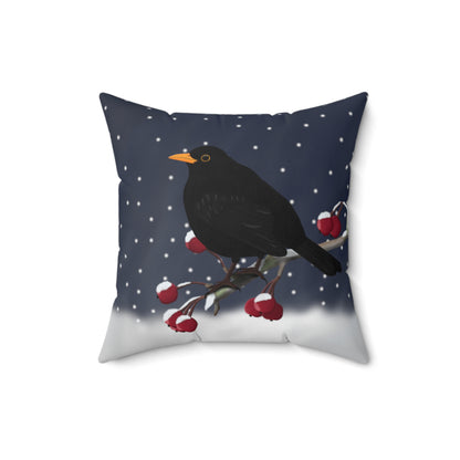 Amsel auf einem Ast im Schnee Vogelmotiv Kissen