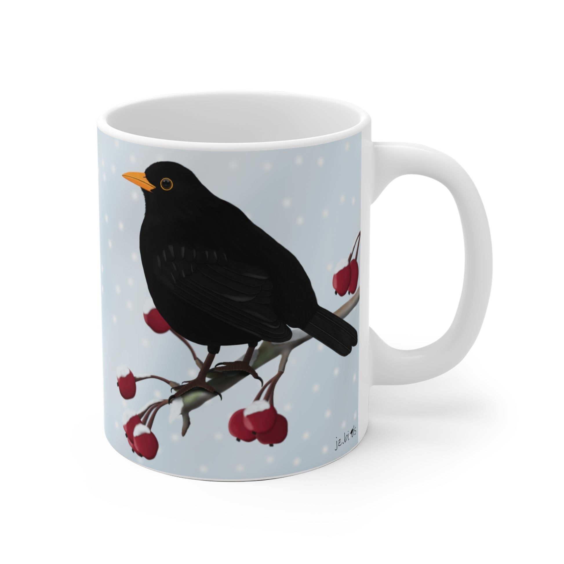 Amsel auf einem Ast im Winter Weihnachten Schnee Vogel Tasse