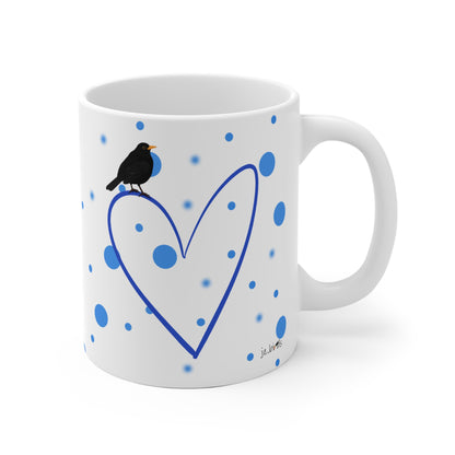 Amsel mit Herz Valentinstag Vogel Tasse Punkte Blau
