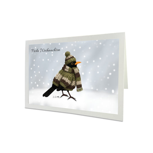 Amsel mit Strickpullover Weihnachtskarte Frohe Weihnachten Inklusive Umschlag
