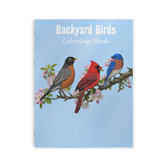 Backyard Birds Coloring Book with birds on a branch on a blue background